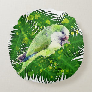 Grüner Papagei und Blätter aus Palmen, Aquarell Rundes Kissen