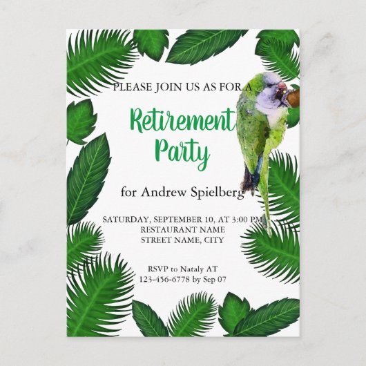 Grüner Papagei und Palmen - Blätter für die Einzie Postkarte (Vorderseite)
