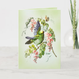 Grüner Papagei und rosa Akazien Blume Vintag Karte