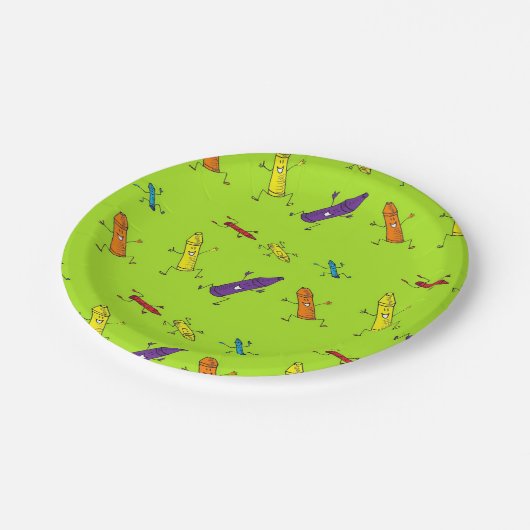 grüner Pappteller der glücklichen Zeichenstifte (Schrägansicht)