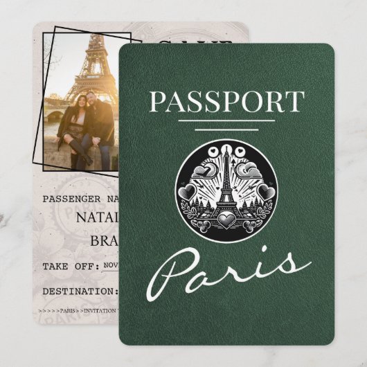 Grüner Paris Reisepass Save The Date (Vorne/Hinten)