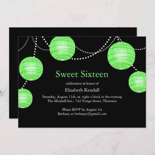 Grüner Party-Laternen-Bonbon 16 Einladung (Vorne/Hinten)
