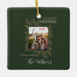Grüner personalisierter Familienfoto-Name Keramikornament