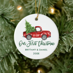 Grüner Pinsel Schrift Vintage-LKW Erstes Weihnacht Keramik Ornament