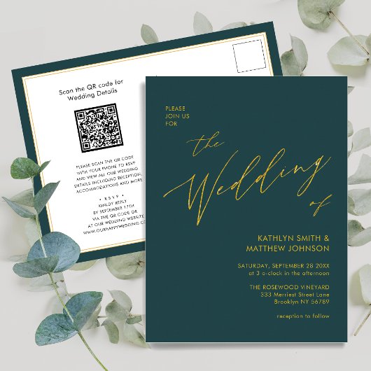 Grüner QR-Code in einer goldenen Script-Hochzeit Einladungspostkarte