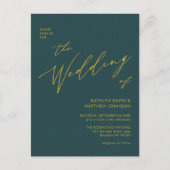 Grüner QR-Code in einer goldenen Script-Hochzeit Einladungspostkarte (Vorderseite)