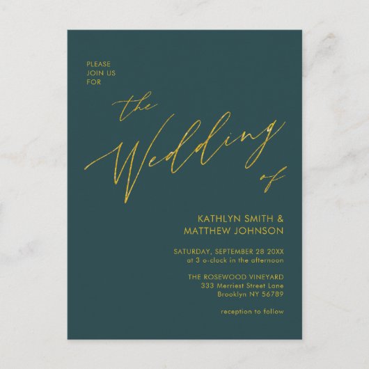 Grüner QR-Code in einer goldenen Script-Hochzeit Einladungspostkarte (Vorderseite)