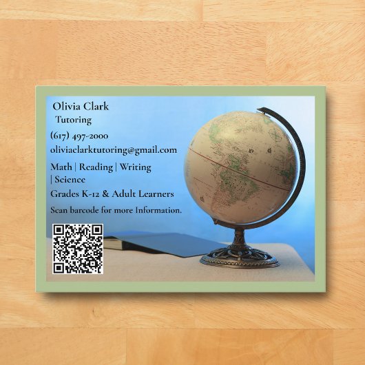 Grüner QR-Code-Tutor-Lehrer-Globus-Buch-Klassenzim Visitenkarte