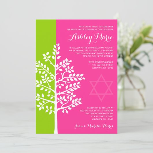Grüner rosa Baum des Lebens Bat Mitzvah Einladung (Stehend Vorderseite)