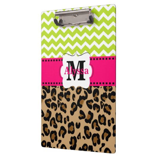 Grüner rosa Leopard-Zickzack personalisiertes Klemmbrett (Links)