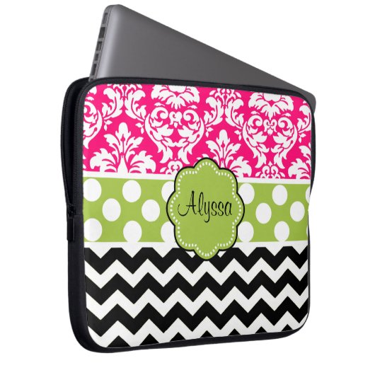 Grüner rosa schwarzer Punkt-Damast-Zickzack Laptopschutzhülle (Vorne Rechts)