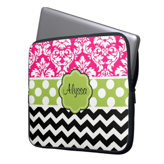 Grüner rosa schwarzer Punkt-Damast-Zickzack Laptopschutzhülle (Vorderseite Links)