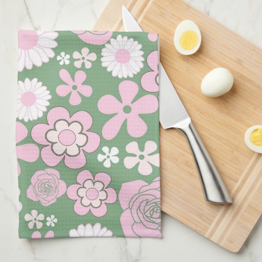 Grüner rosa tropischer Blumen Botanischer Frühling Geschirrtuch (Viertel Falte)