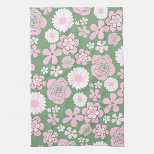 Grüner rosa tropischer Blumen Botanischer Frühling Geschirrtuch (Vertikal)