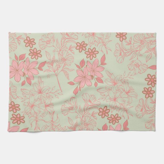 Grüner rosa tropischer Blumen Botanischer Frühling Geschirrtuch (Horizontal)