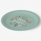 Grüner rosa Weihnachtskranz Pappteller (Schrägansicht)