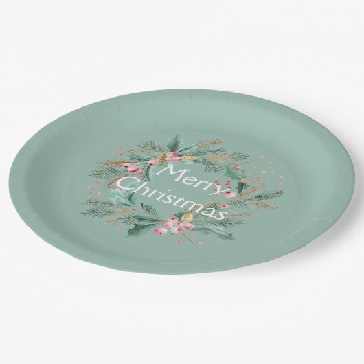 Grüner rosa Weihnachtskranz Pappteller (Schrägansicht)