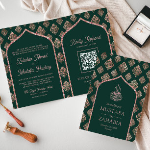 Grüner Rosen Gold Damast Bogen QR Code Muslimische Einladung
