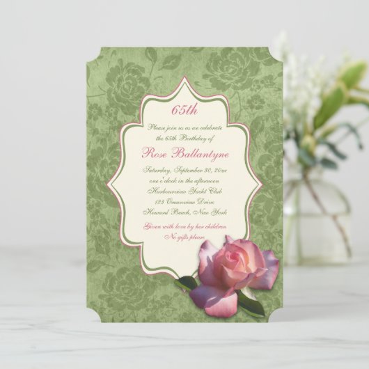 Grüner Rosengarten Damask 65. Geburtstag Einladung (Stehend Vorderseite)