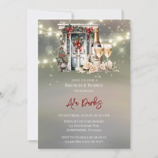 Grüner Roter Berry Dekor Light Brunch & Bubbly Einladung (Vorderseite)