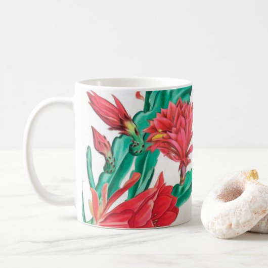 Grüner roter blühender Kaktusmuster Kaffeetasse (Mit Donut)