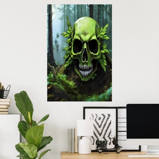 Grüner Schädel im Wald | AI Art Poster (Heimbüro)