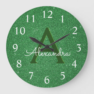 Grüner Schein-Glitzer-Monogramm-Name u. Initiale Große Wanduhr