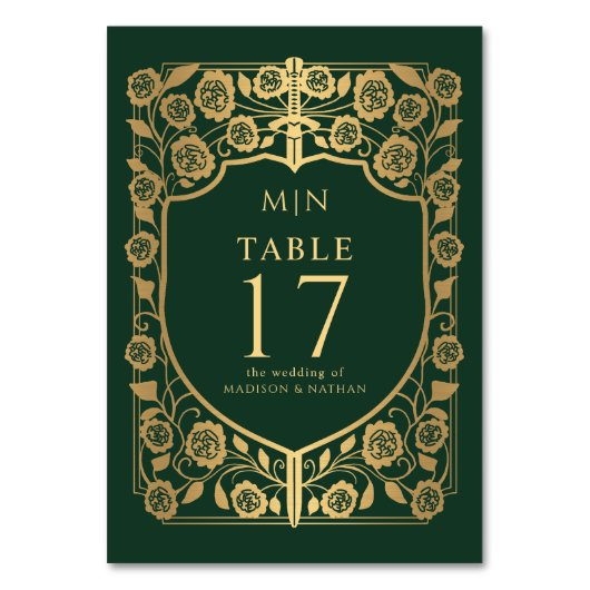 Grüner Schild Mittelalterliche Fantasy-Monogramm-H Tischnummer (Vorderseite)