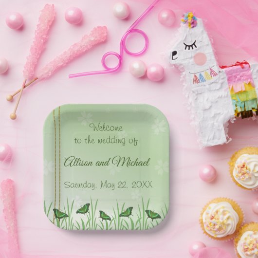 Grüner Schmetterling auf hellgrün - Hochzeit Pappteller (Party)