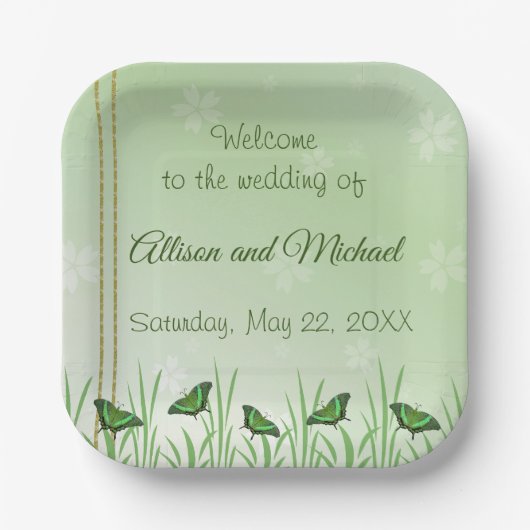 Grüner Schmetterling auf hellgrün - Hochzeit Pappteller (Vorderseite)