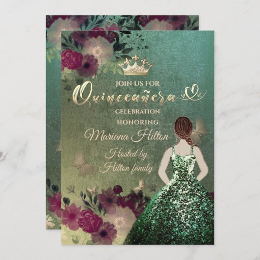 Grüner Schmetterlingsblumengarten Quinceañera Einladung (Vorne/Hinten)