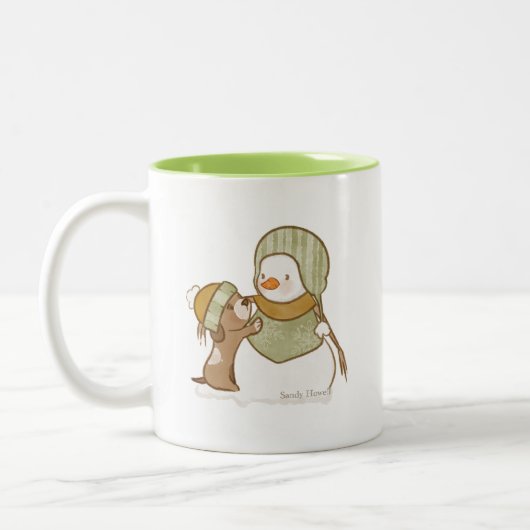 Grüner Schneemann mit Pup-Tasse Zweifarbige Tasse (Links)