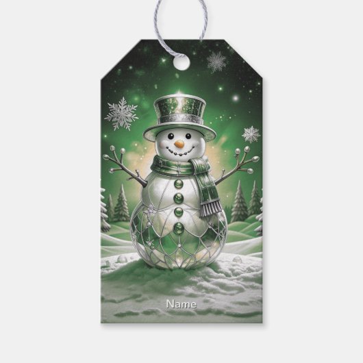 Grüner Schneemann-Schneeflocken-Feiertags-Geschenk Geschenkanhänger (Vorderseite)