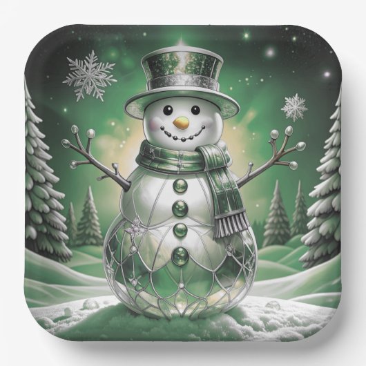 Grüner Schneemann-Schneeflocken-Feiertags-Papierpl Pappteller (Vorderseite)