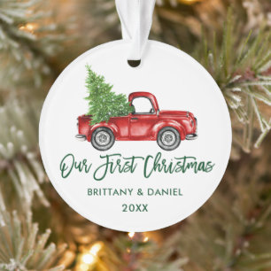 Grüner Schriftzug Vintage-LKW Erstes Weihnachten Ornament