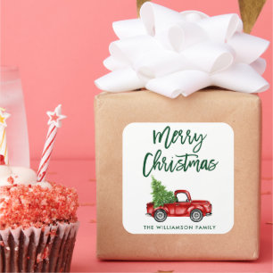 Grüner Schriftzug Vintage-LKW Weihnachten Quadratischer Aufkleber