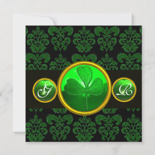 GRÜNER SCHWARZER DAMAST MIT SHAMROCK-SMERALD-MONOG EINLADUNG