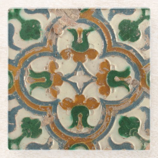 Grüner Senf Geometric Azulejos Glasuntersetzer (Vorderseite)