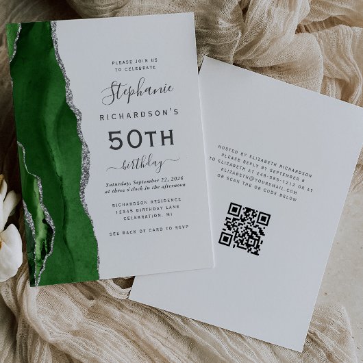 Grüner Silber-Achat-QR-Code 50. Geburtstag Einladung