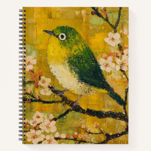 Grüner Singvogel Kirschblüten Spiralblock Notizblock