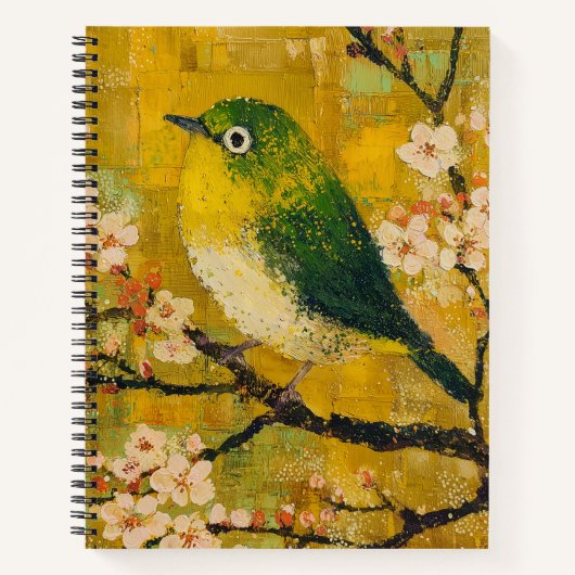 Grüner Singvogel Kirschblüten Spiralblock Notizblock (Vorderseite)