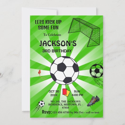 Grüner Sportball-Fußball Thema moderner 3. Geburts Einladung (Vorderseite)
