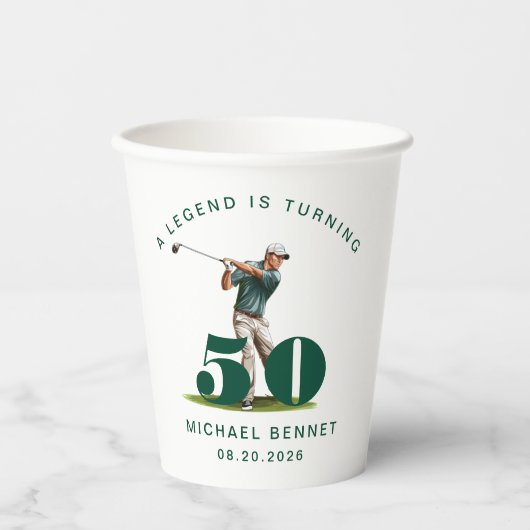 Grüner Sportgolfer 50. Geburtstag Pappbecher (Vorderseite)
