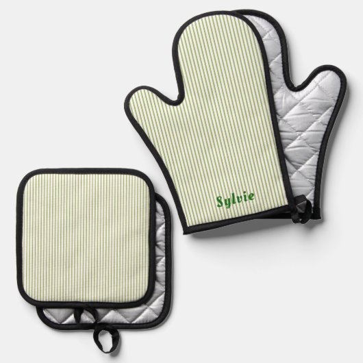 Grüner Streifen, grüner Name Ofenhandschuh & Topflappen-Set (Vorderseite/Rückseite)