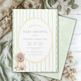 Grüner Streifenbär Vintage-Baby-Party Einladung