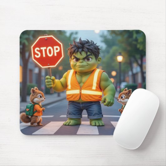Grüner Superheld als Verkehrsposten mit Streifenhö Mousepad (Mit Mouse)