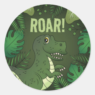 Grüner süßer Cartoon-T-Rex-Dinosaurier mit Brüllte Runder Aufkleber