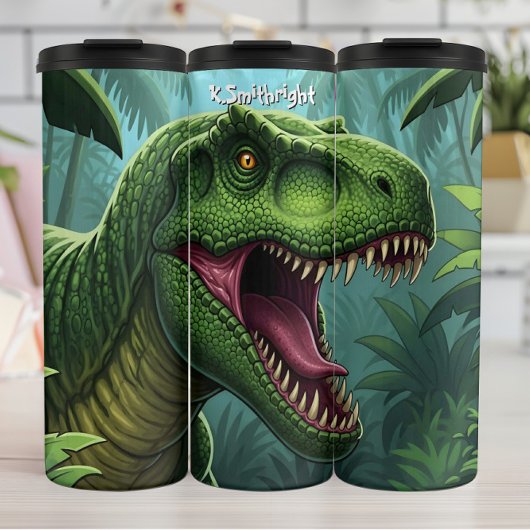 Grüner T-Rex brüllt im Dschungel Thermosbecher