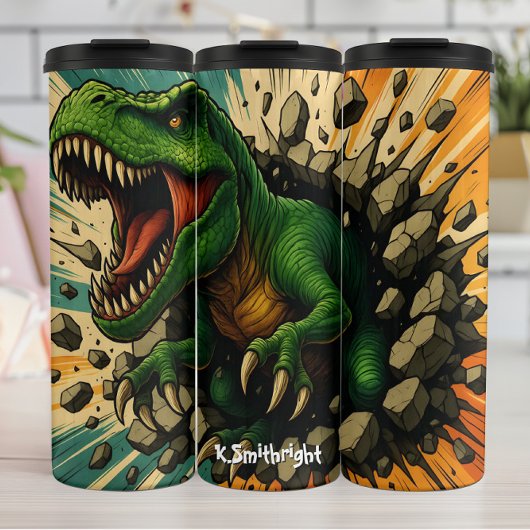 Grüner T-Rex durchbricht brüllend eine Wand Thermosbecher