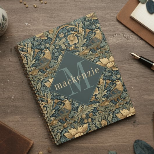 Grüner Tan Laub William Morris Elegantes Monogramm Planer
